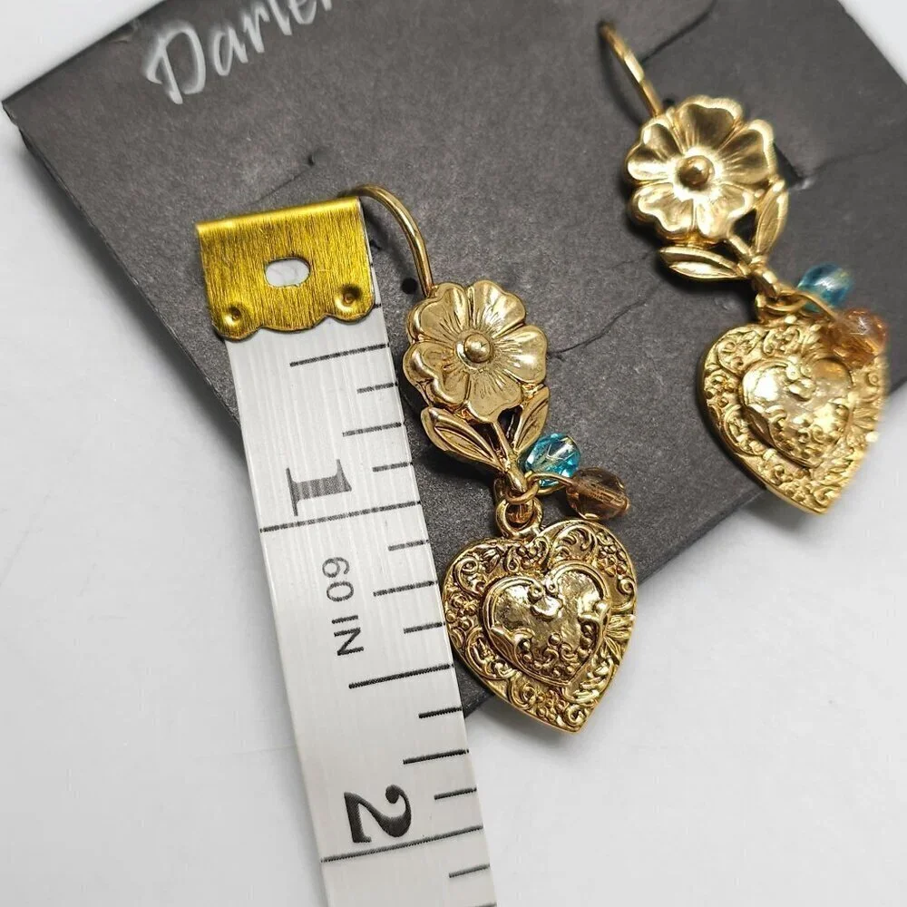 Gold Tone Heart Flower Blue Crystal Dangle Earrings By Darlene Group